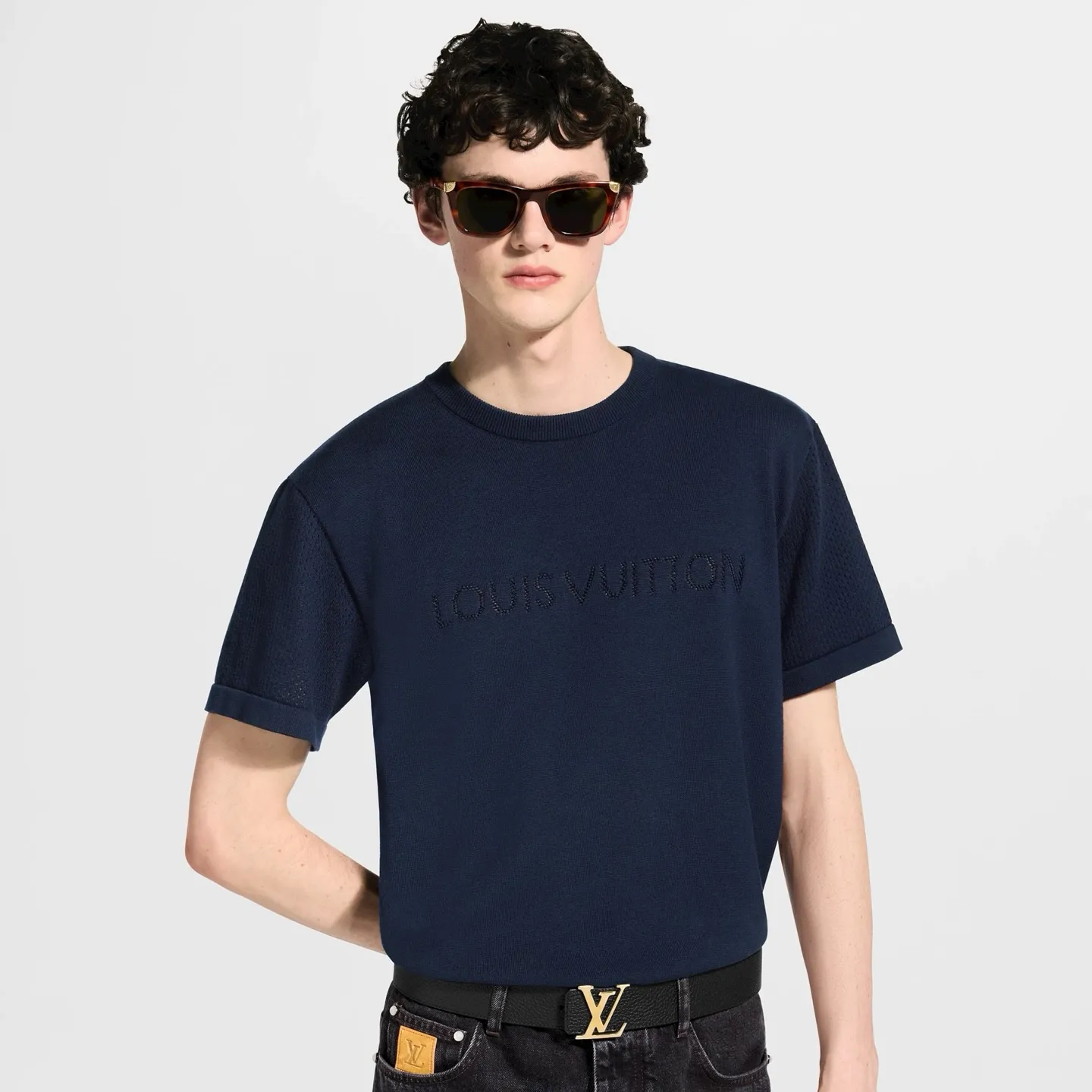 Louis Vuitton/Louis Vuitton 26ss hollow letter jacquard knitted short sleeves